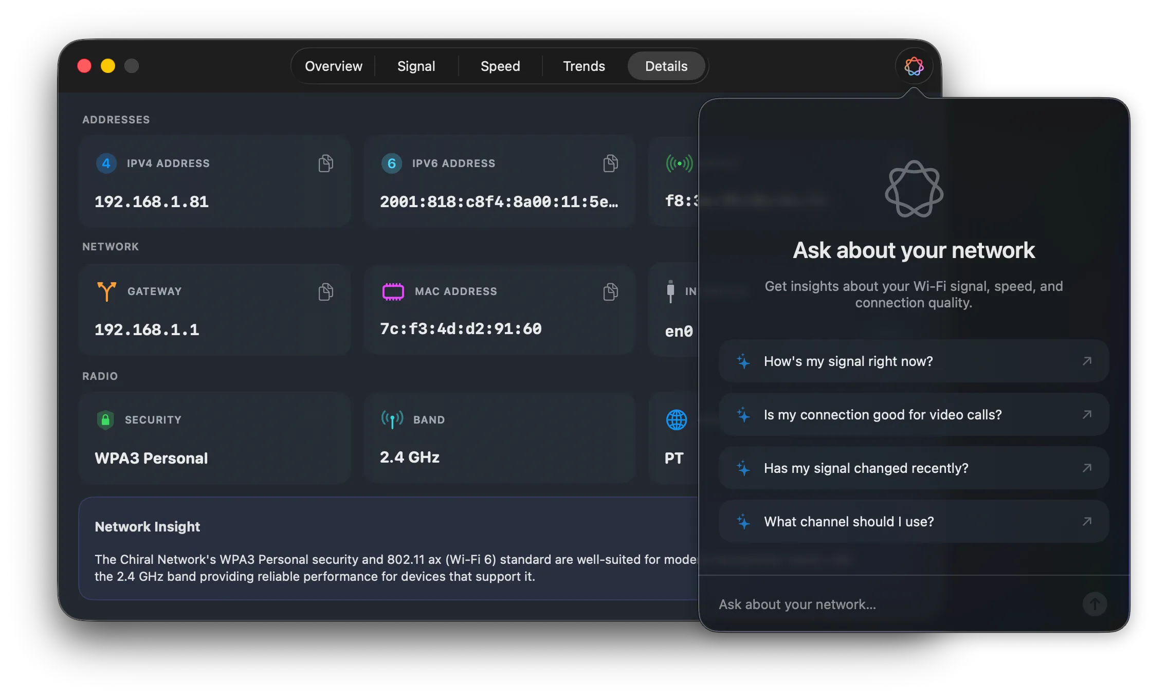 Ask-your-network popover with suggested questions like 'How's my signal right now?' and 'Is my connection good for video calls?'